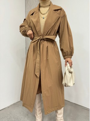 Belted Lined Trench Coat with Elastic Sleeves -Snuff