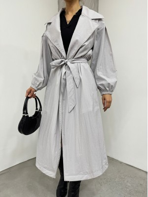 Belted Lined Trench Coat with Elastic Sleeves -Grey