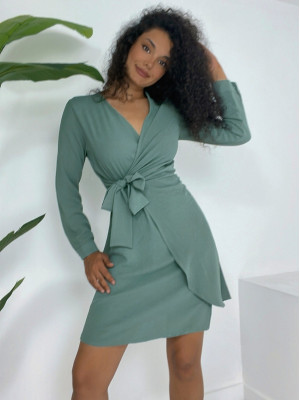 Kruvaze Yaka Bağlamalı Fırfırlı Ayrobin Elbise      -Mint