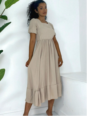 Square Collar Elastic Waist Short Sleeve Ayrobin Dress -Mink color