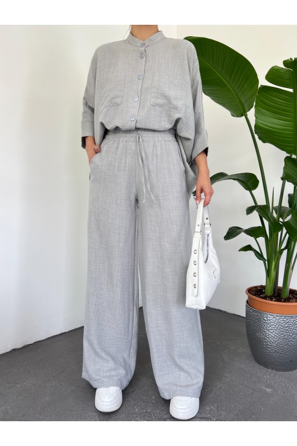 Double Pocket Half Bat Sleeve Loose Shirt Set -Grey