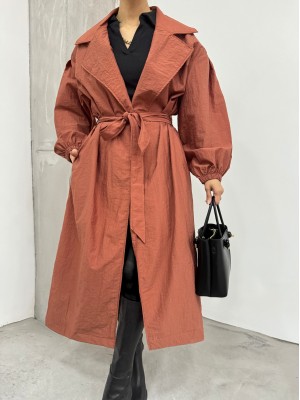 Belted Lined Trench Coat with Elastic Sleeves -Brick color