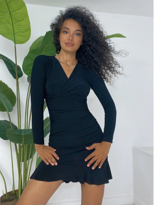 Sandy Mini Dress with Elastic Sides and Flounce Skirt -Black