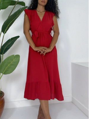 Omuzları Fırfırlı Sıfır Kol Beli Lastikli Bağcıklı Ayrobin Elbise -Kırmızı