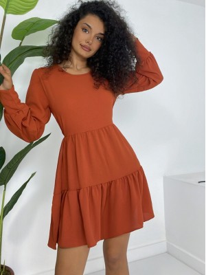 Round Neck Elastic Waist Elastic Skirt Layered Ayrobin Dress -Brick color