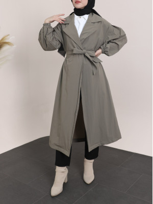 Belted Lined Trench Coat with Elastic Sleeves -Khaki