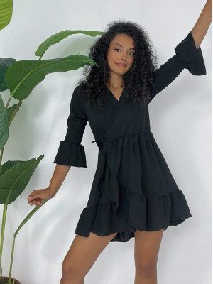 Eteği Ve Kolları Fırfırlı Beli Lastikli Ayrobin Elbise  -Siyah