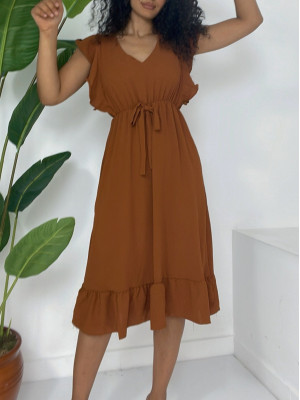 Frill Shoulder Elastic Waist Zero Sleeve Midi Length Ayrobin Dress  -Snuff
