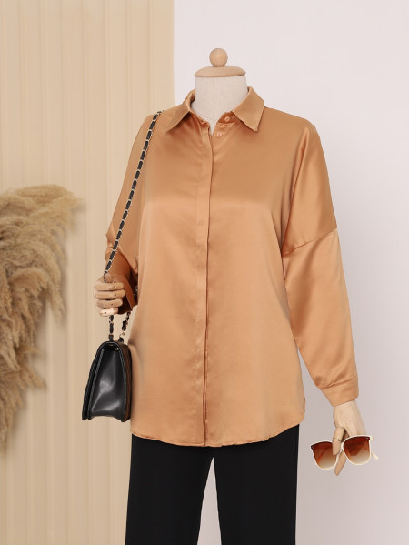 Full Length Hidden Button Satin Shirt -Cinnamon