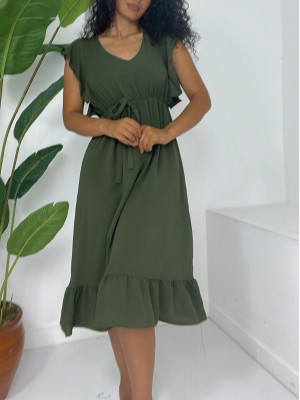 Frill Shoulder Elastic Waist Zero Sleeve Midi Length Ayrobin Dress  -Khaki