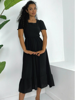 Kare Yaka Beli Lastikli Kısa Kol Ayrobin Elbise -Siyah