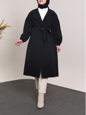 Belted Lined Trench Coat with Elastic Sleeves -Black