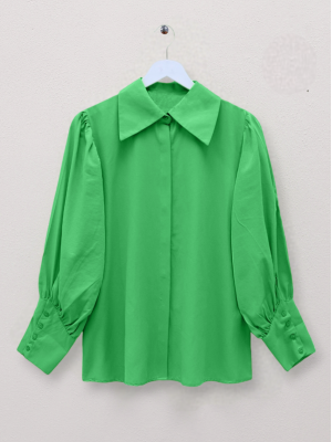 Hidden Button Balloon Sleeve Plain Shirt  -Green