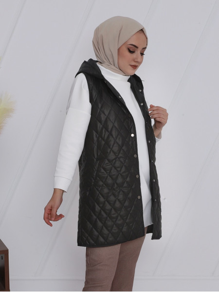 Hooded Zippered Quilted Vest -Black
