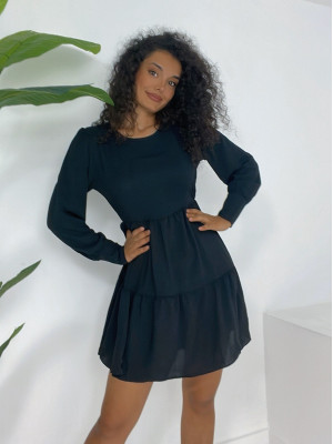 Yuvarlak Yaka Beli Lastikli Eteği Katlı Ayrobin Elbise -Siyah