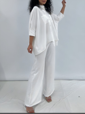 Double Pocket Half Bat Sleeve Loose Shirt Set   -White