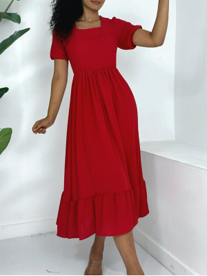 Kare Yaka Beli Lastikli Kısa Kol Ayrobin Elbise -Kırmızı
