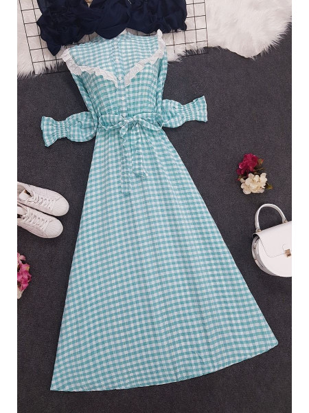 Checkered Long Dress -Mint Color