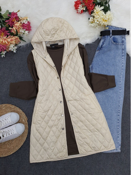 Hooded Zippered Quilted Vest  - Beige