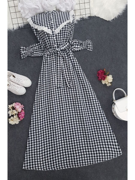 Checkered Long Dress -Black