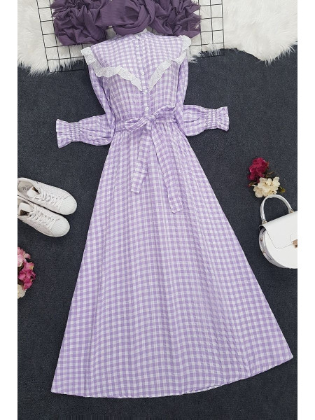 Checkered Long Dress -Lilac