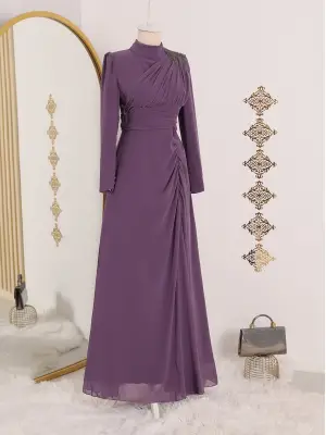 Off Shoulder Stone Tassel Draped Chiffon Evening Dress -Lilac