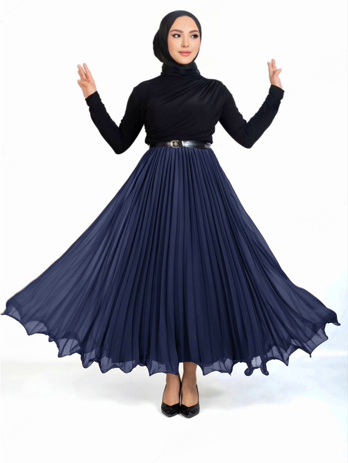 Pleated Skirt Navy Blue Chiffon Skirt Belted Flounce Pleated