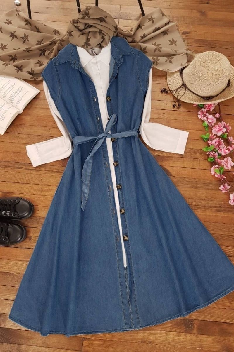 Sleeveless Jeans Gilet Dress -ndigo