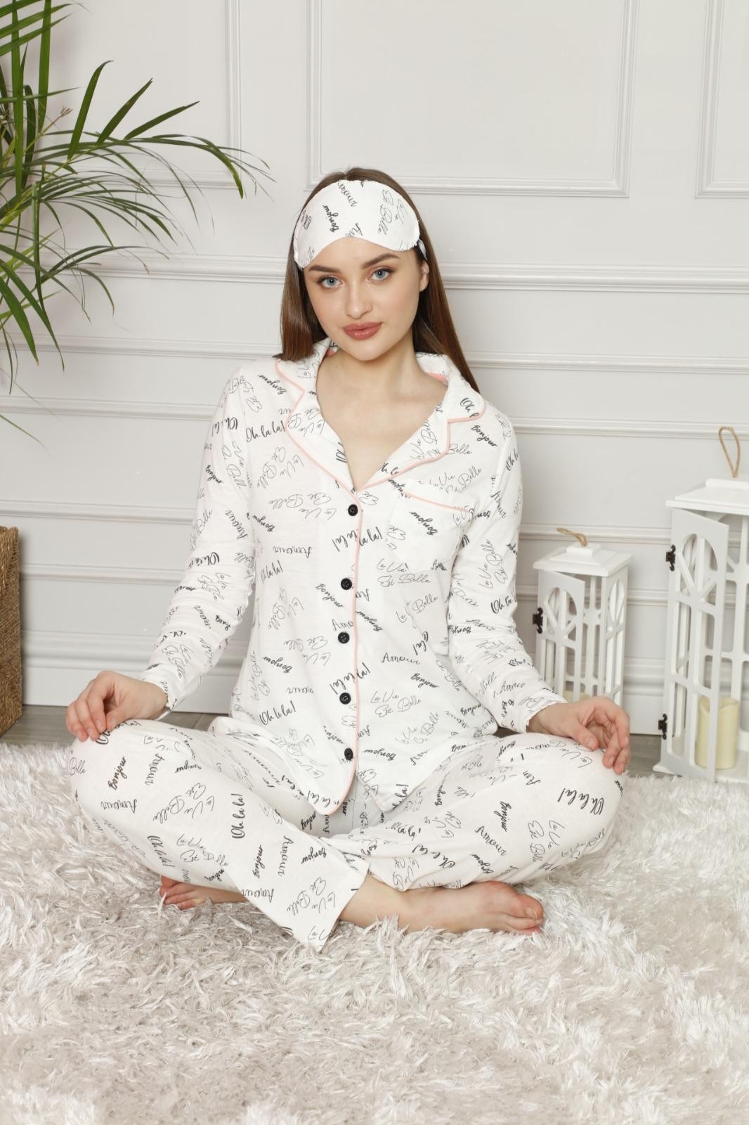 Text Detailed Hijab Pajamas Suit Model 290-0524