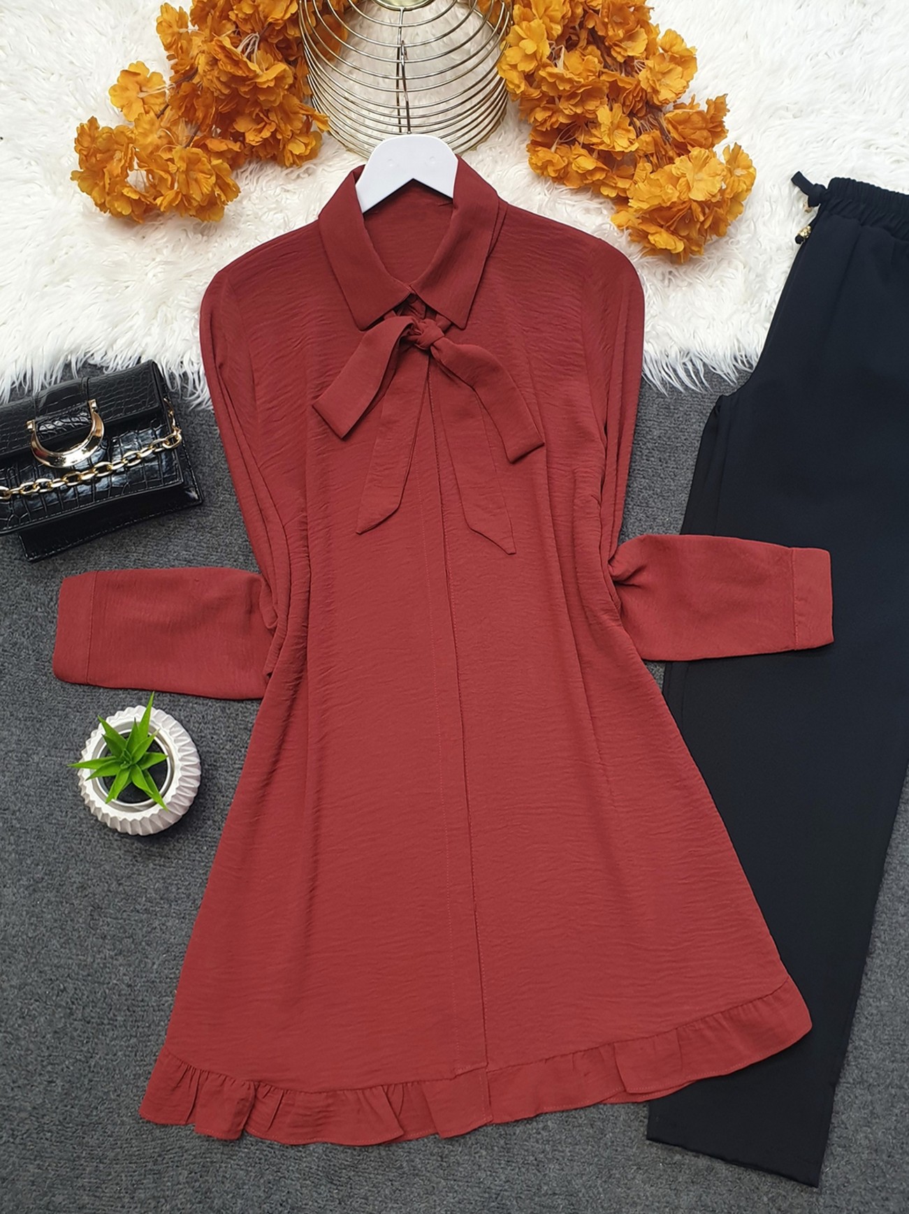 maroon long sleeve dress with a turtleneck ribboned collar Gloria Burgundy Mock Neck Long Dress