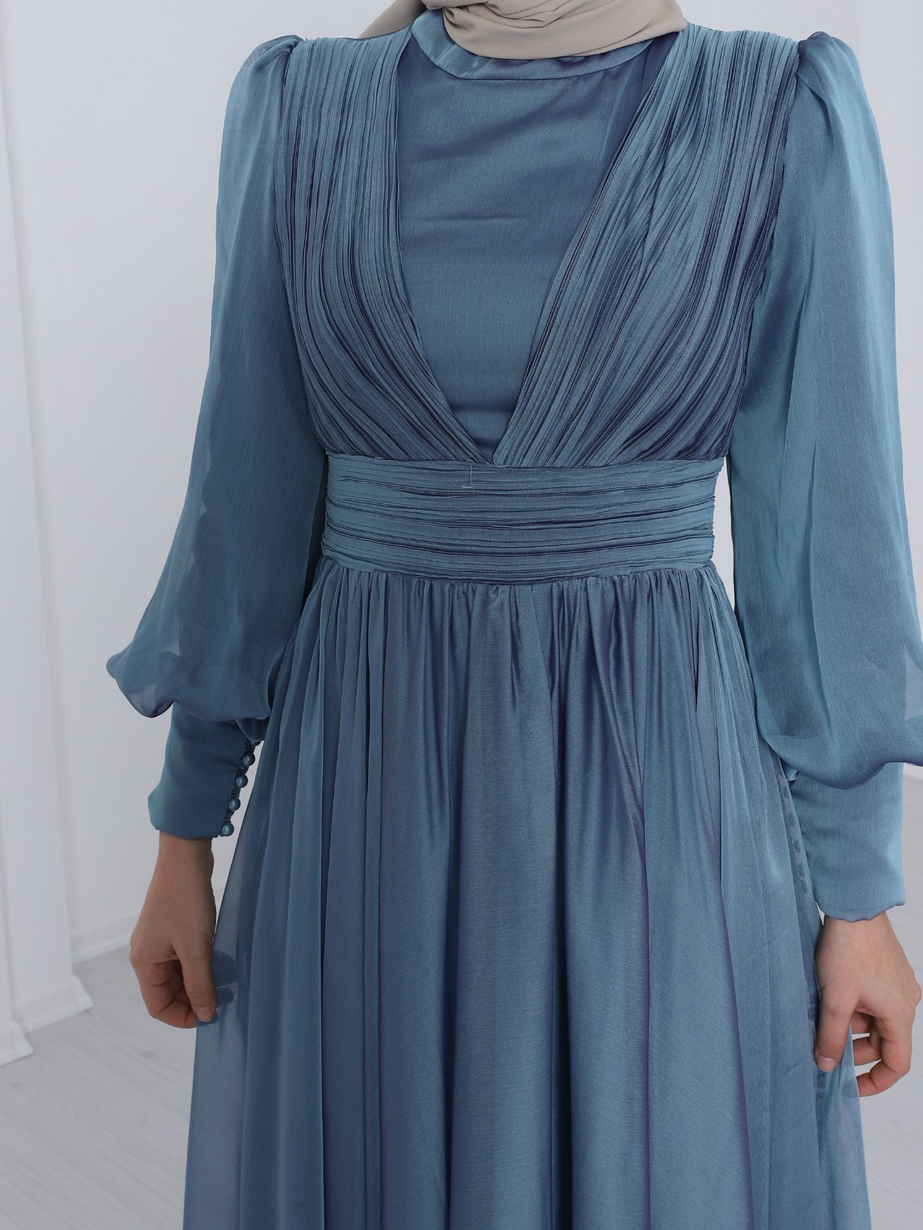 Chiffon Evening Dress with Front Drape Detailed Sleeve Buttons