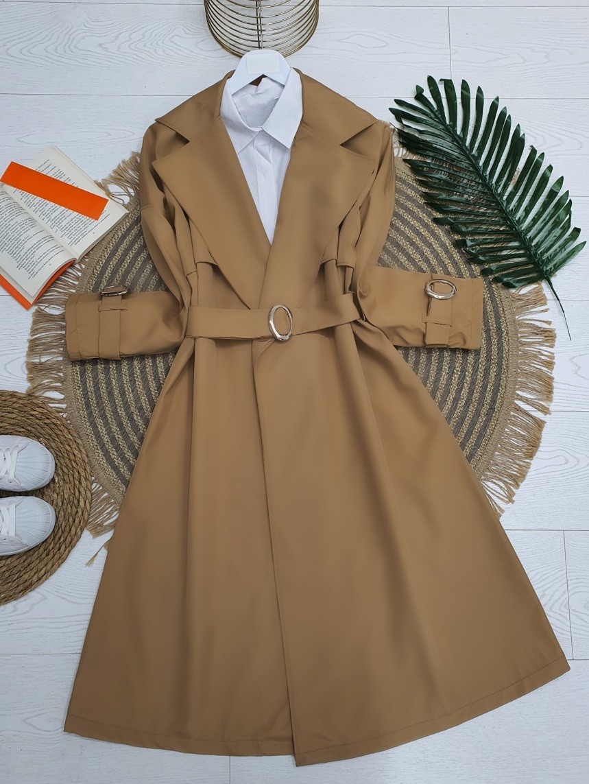 Mink color shawl collar trench coat with buckle sleeves and belt