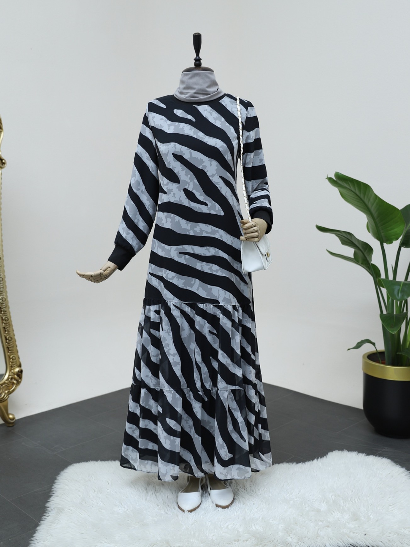Zebra Pattern Skirt Partial Lined Chiffon Dress