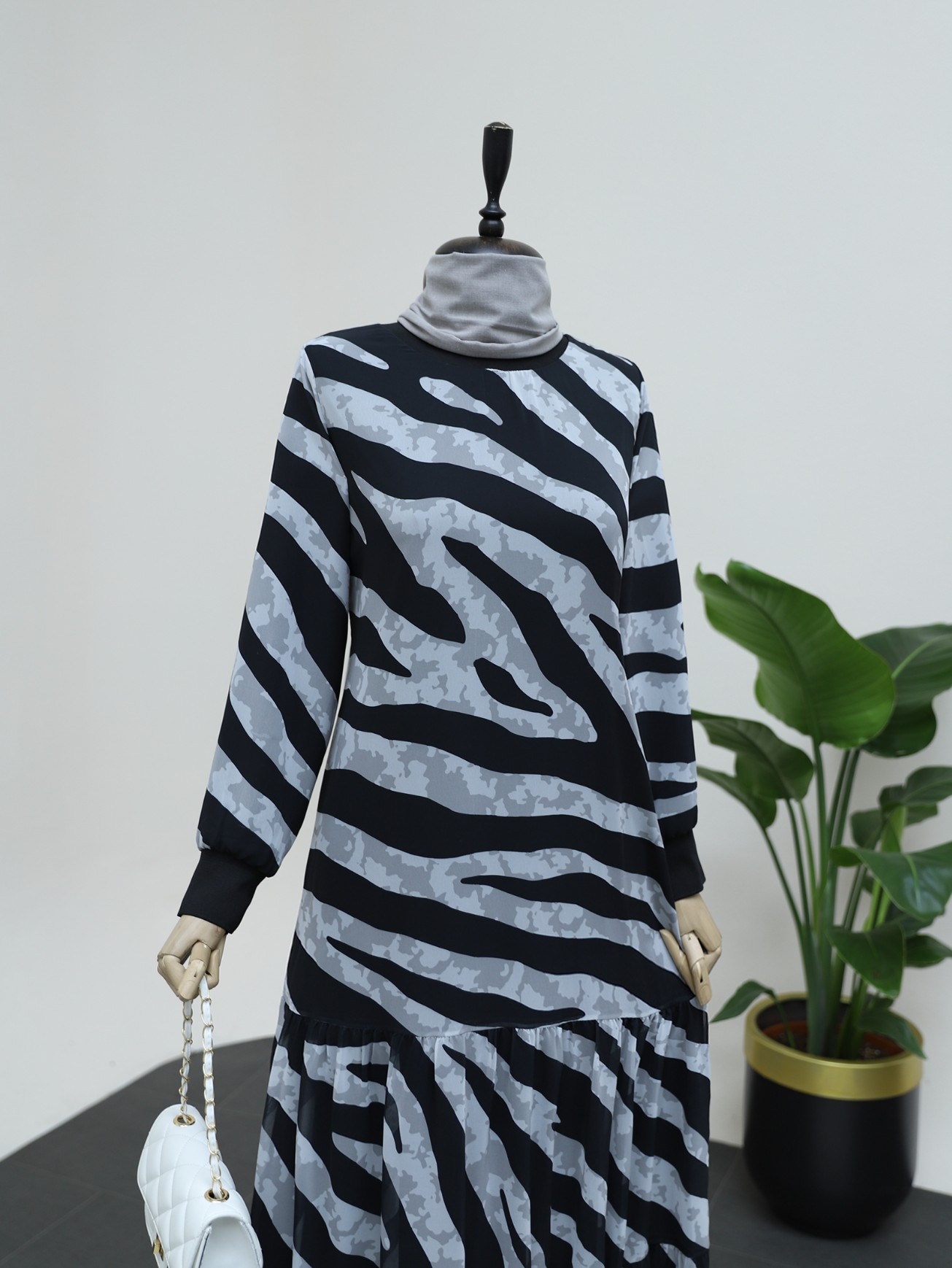 Zebra Pattern Skirt Partial Lined Chiffon Dress