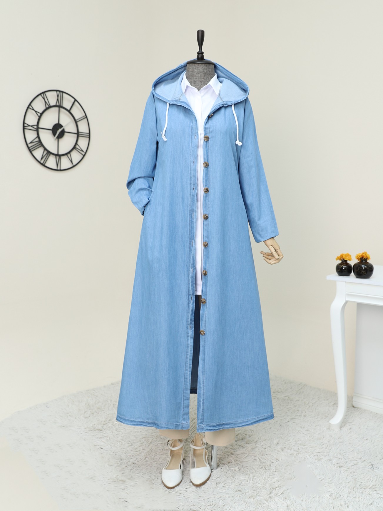 Buttoned Hooded Long Denim Coat