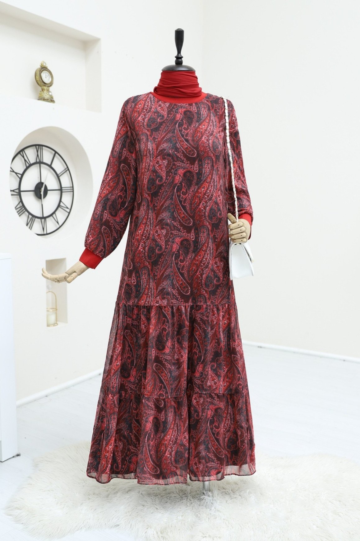 Ethnic Pattern Skirt Piece Lined Chiffon Dress -Red