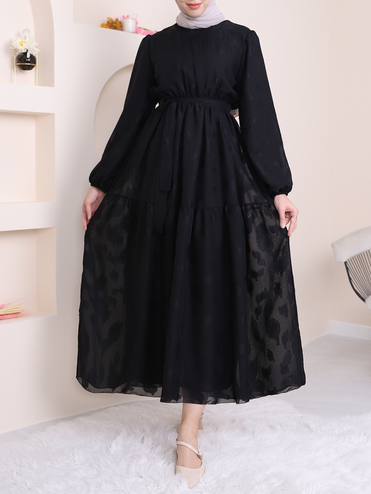 Elastic Waist Belted Lined Dress Elastic Waist Belted Lined Dress