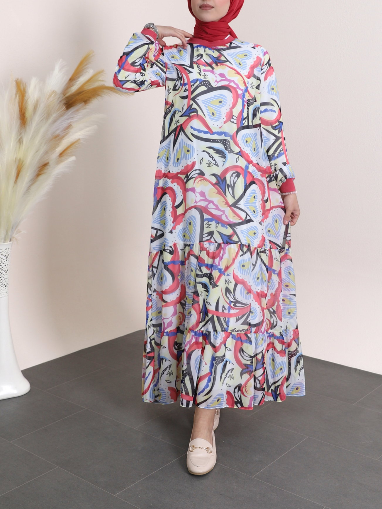 sachin and babi light blue dress Patterned Chiffon Dress with Ribbed Collar and Layered Skirt
