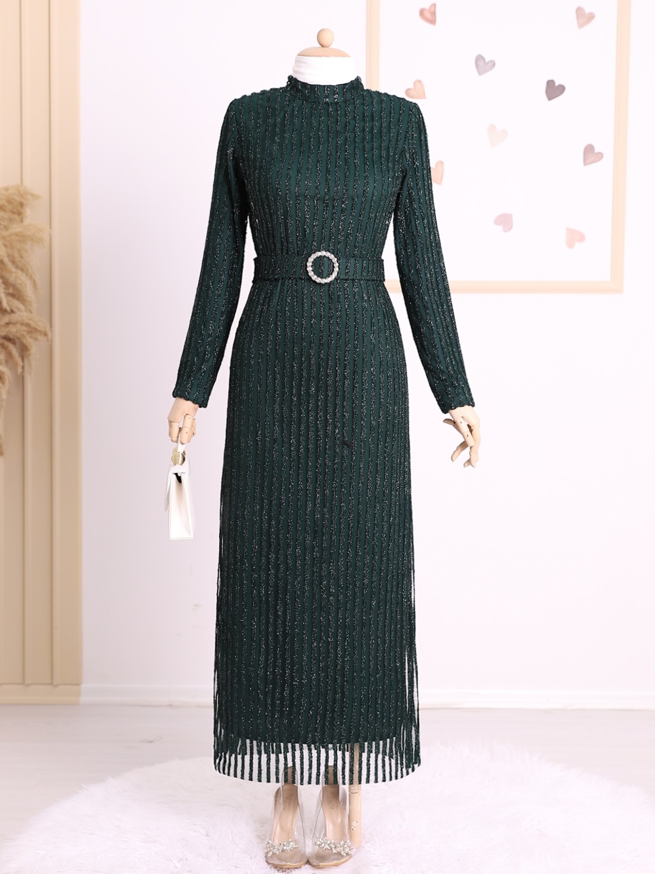 Glitter Striped Tulle Dress With Stone Belt Glitter Striped Tulle Dress With Stone Belt