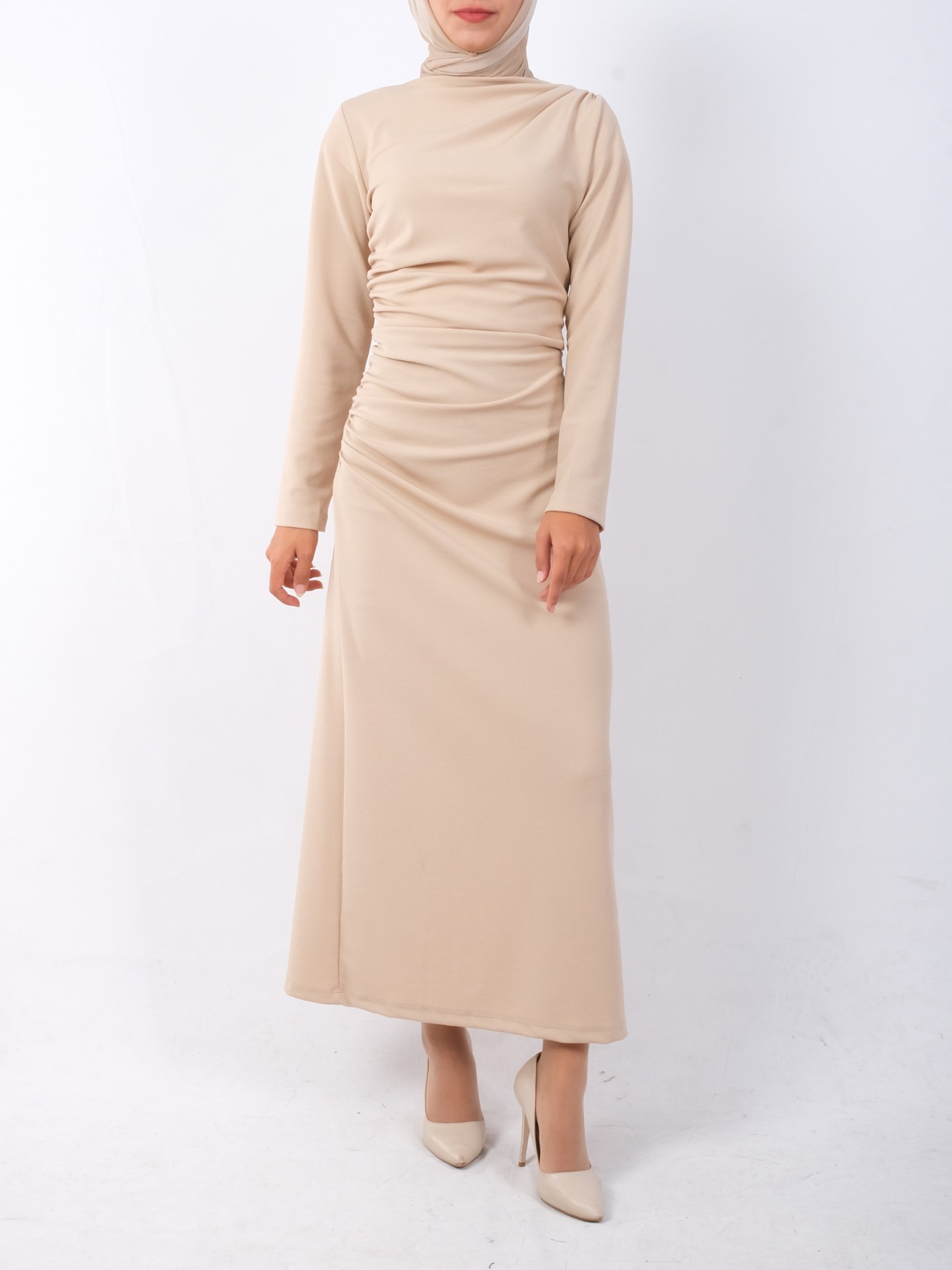 beige champagne bridesmaid dress Modest Outerwear in Boat Neck Beige Slip Shirt Dress M (12-14) / Regular (5'2" to 5'6") / Beige