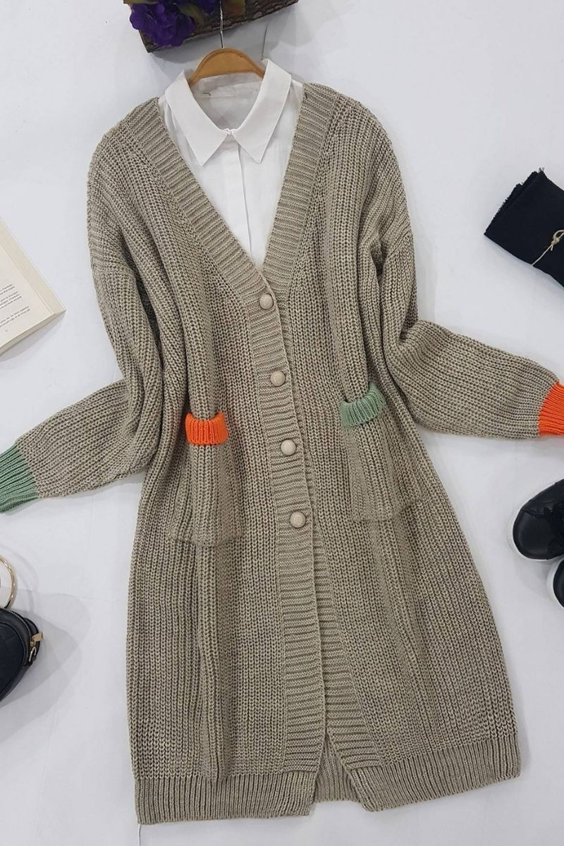 Colorful Knit Sweater Cardigan Model Tan Color