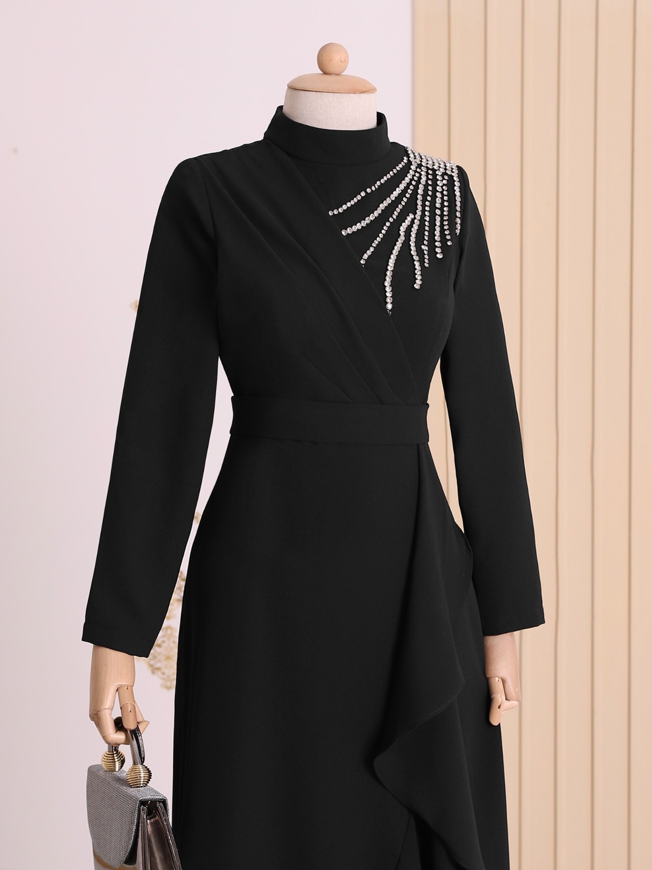 Stony Shoulder Frilly Front Tied Waist Evening Dress