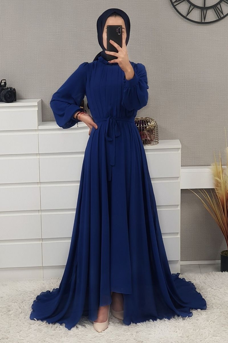 Front pleated chiffon dress dresses model navy blue color