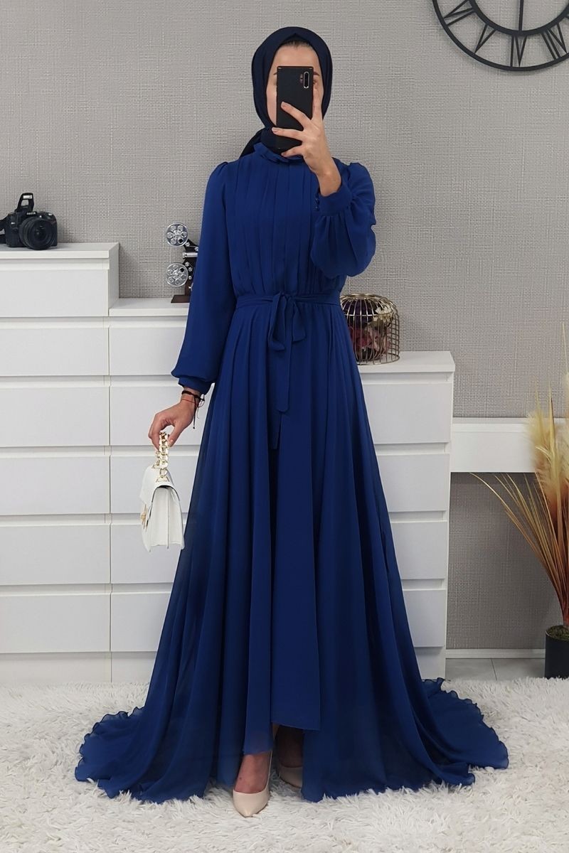 Front pleated chiffon dress dresses model navy blue color