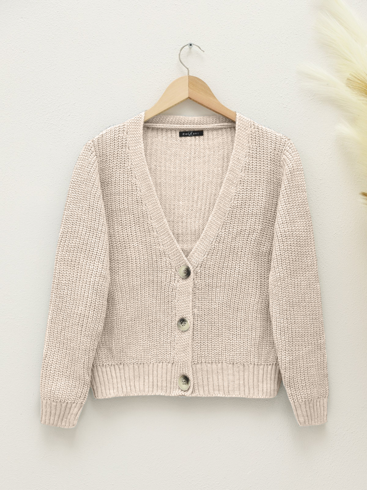 Knitting Pattern Buttoned Cardigan -Stone