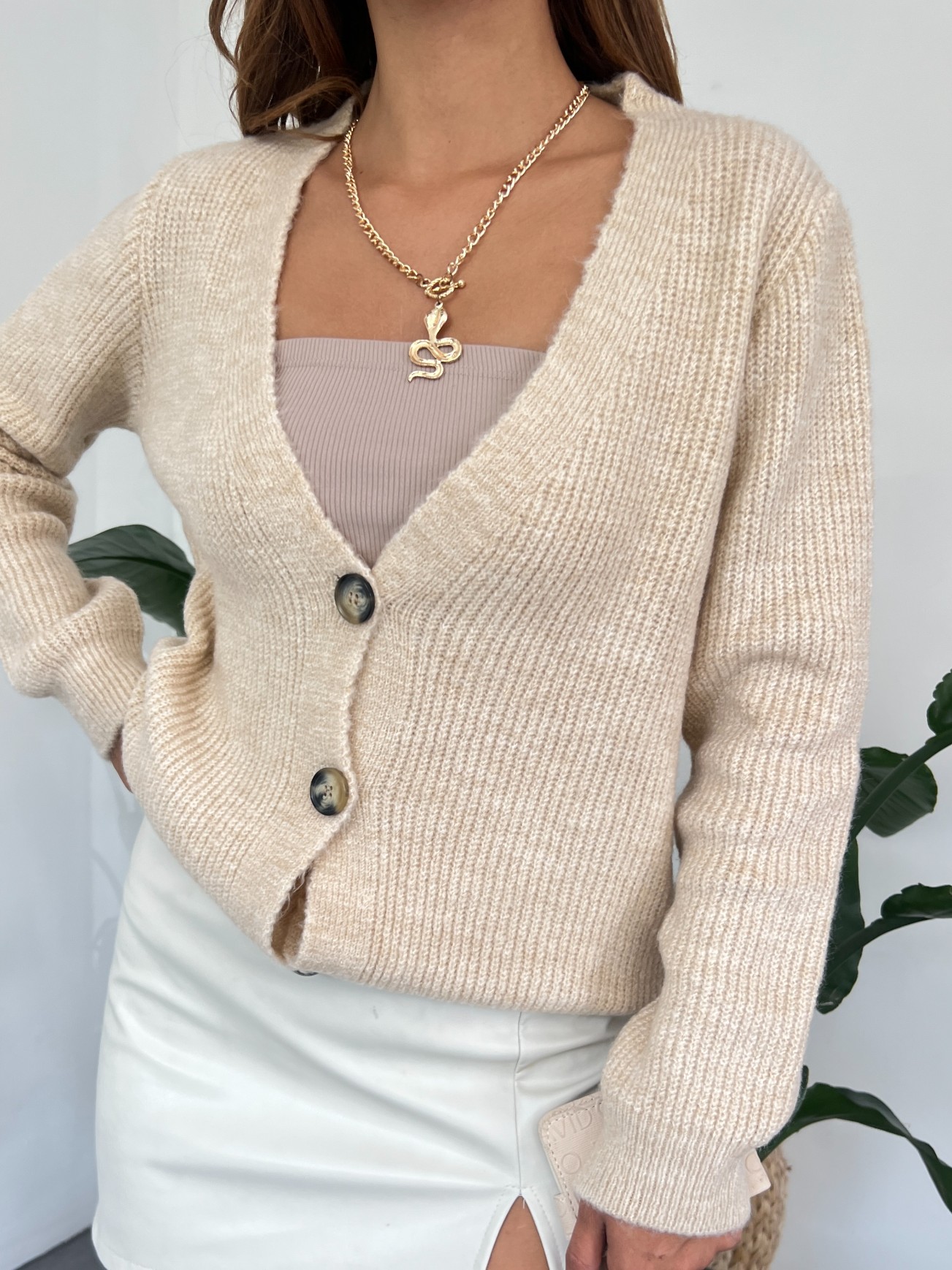 Knitting Pattern Buttoned Fluffy Cardigan -Stone