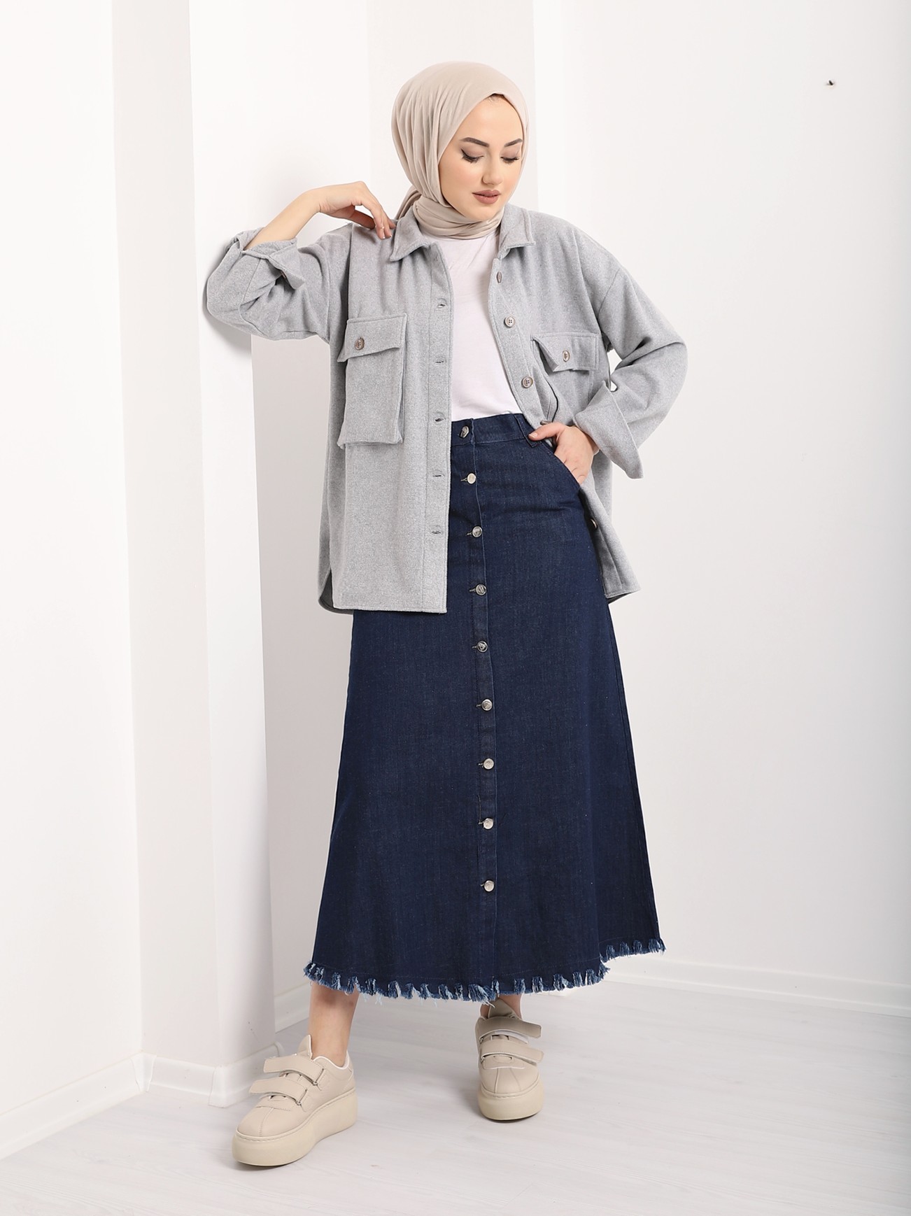 Tasseled Buttoned Front and Back Pocket Denim Skirt