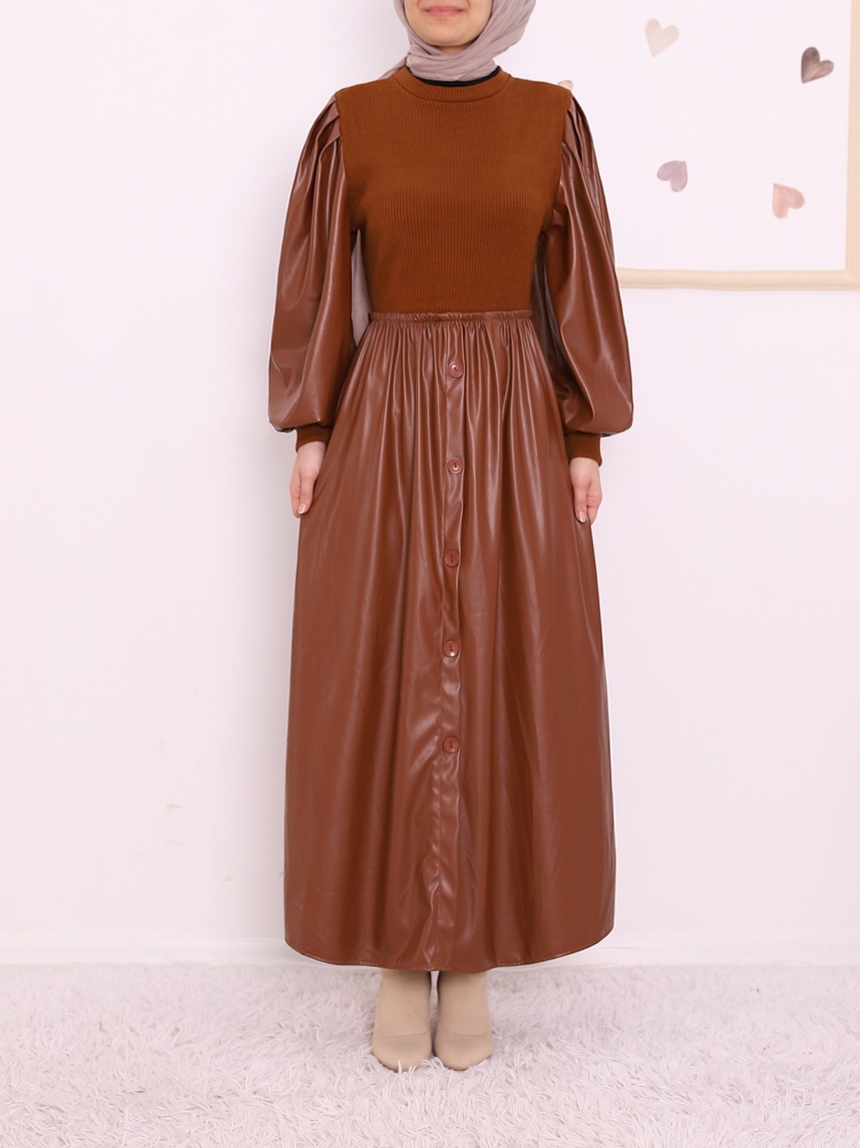 Top Knitwear Elastic Waist Button Detailed Leather Dress