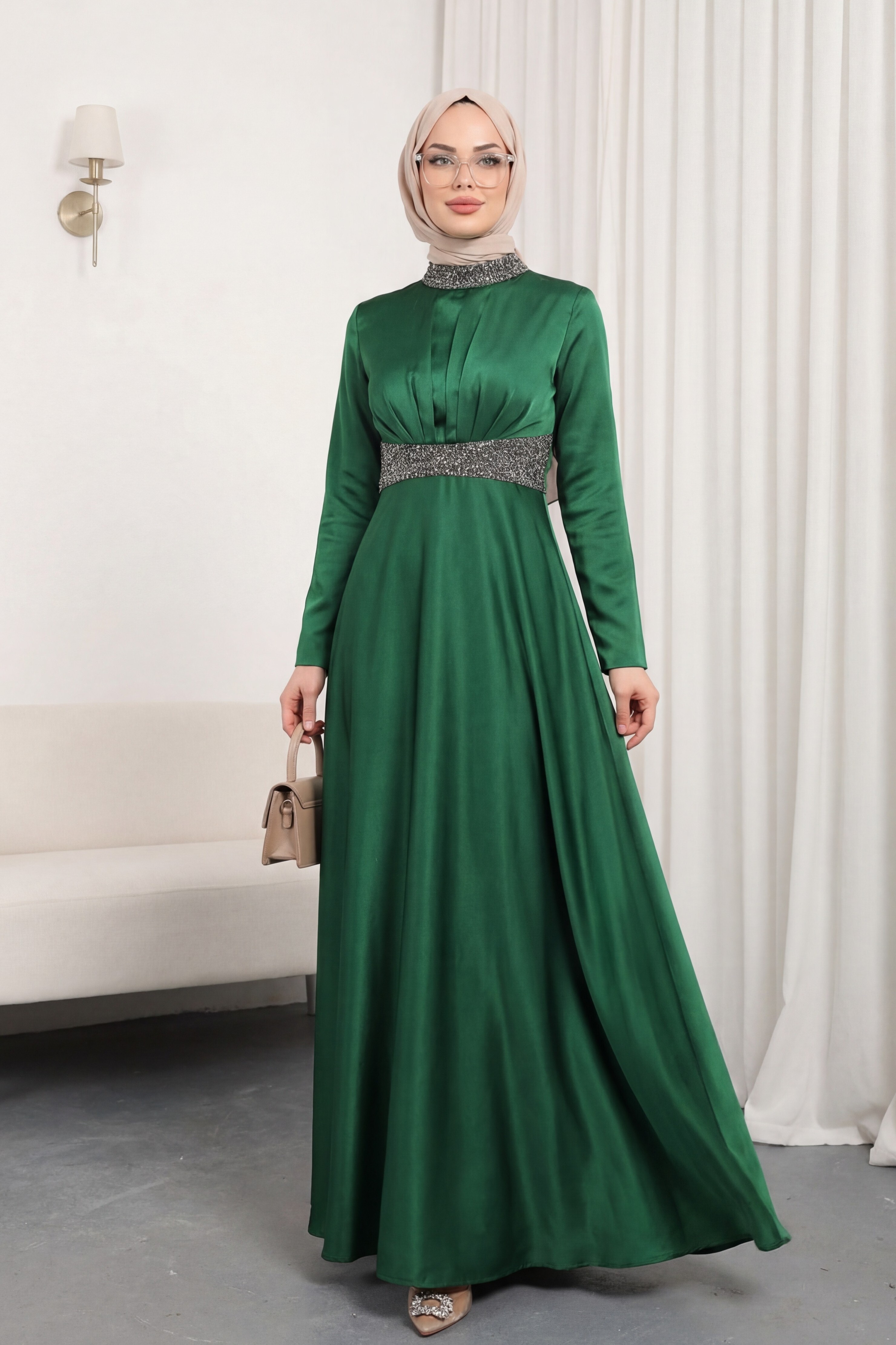 sachin and babi light blue dress Satin Evening Dress with Stone Detail on Collar and Waist