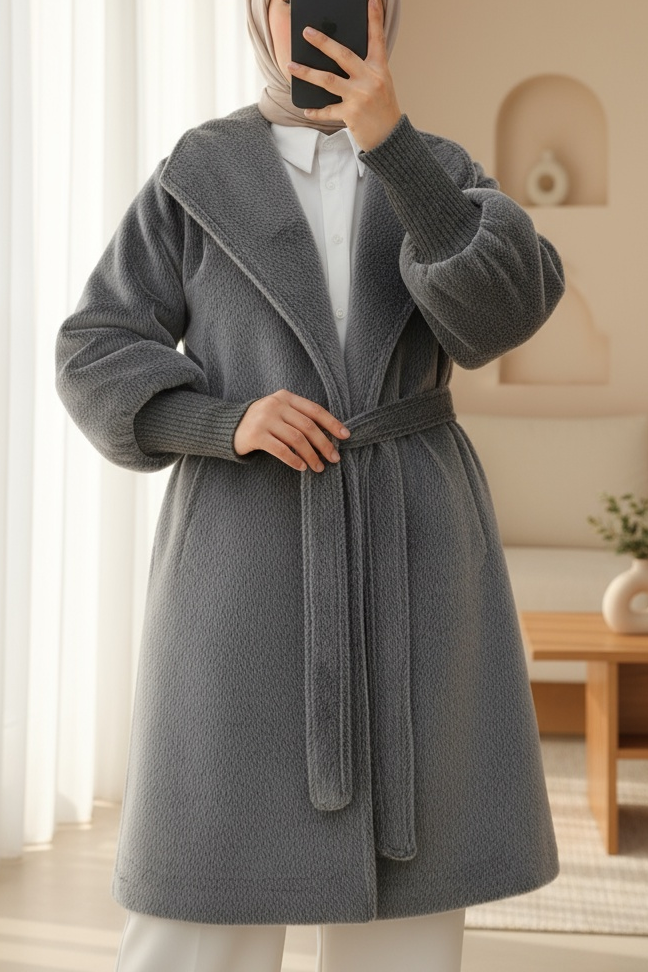 Shawl Collar Lined Cashmere Coat with Ribbed Sleeves